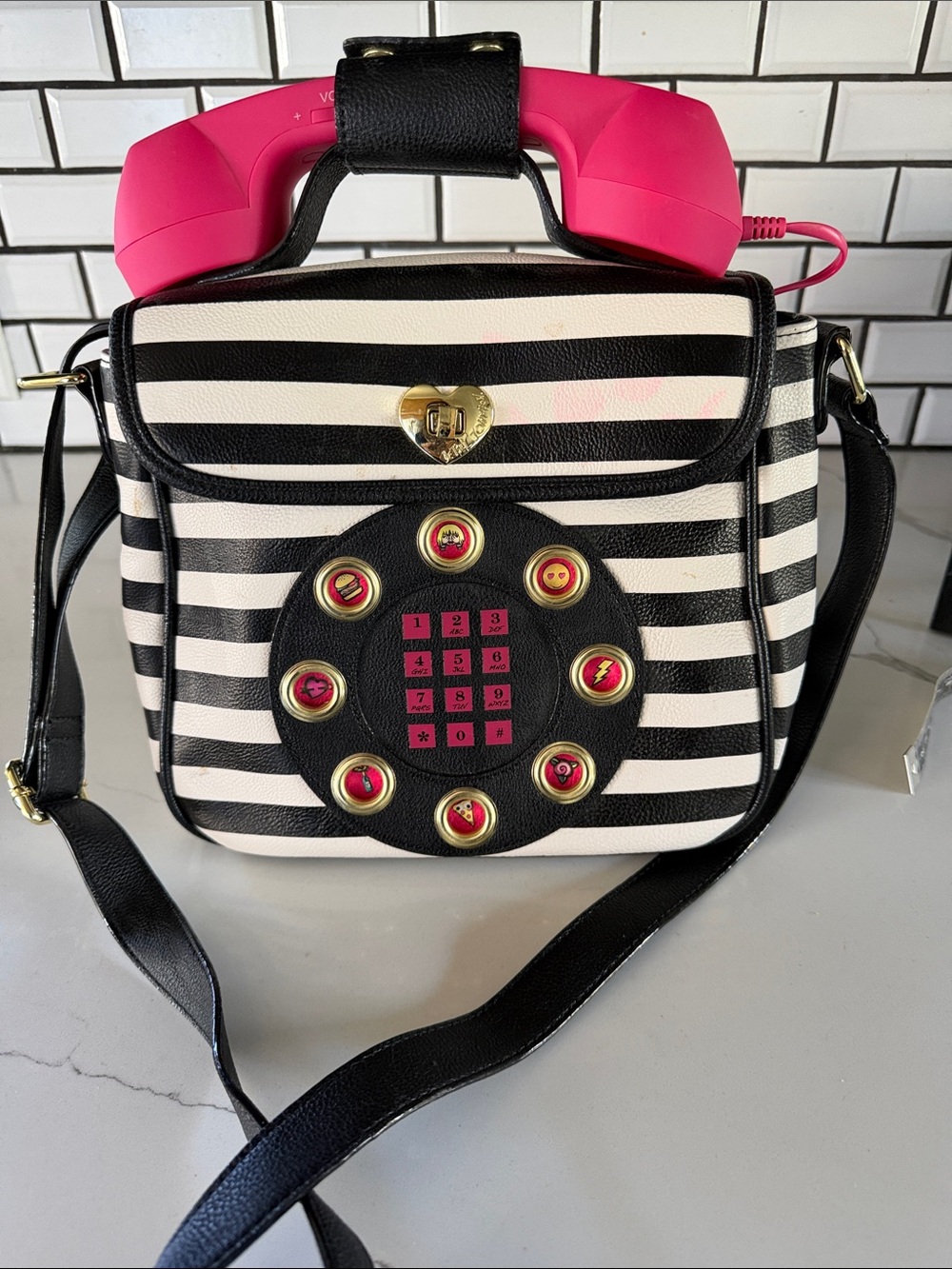 Betsey Johnson Black & White Striped Crossbody with Pink Phone Accents